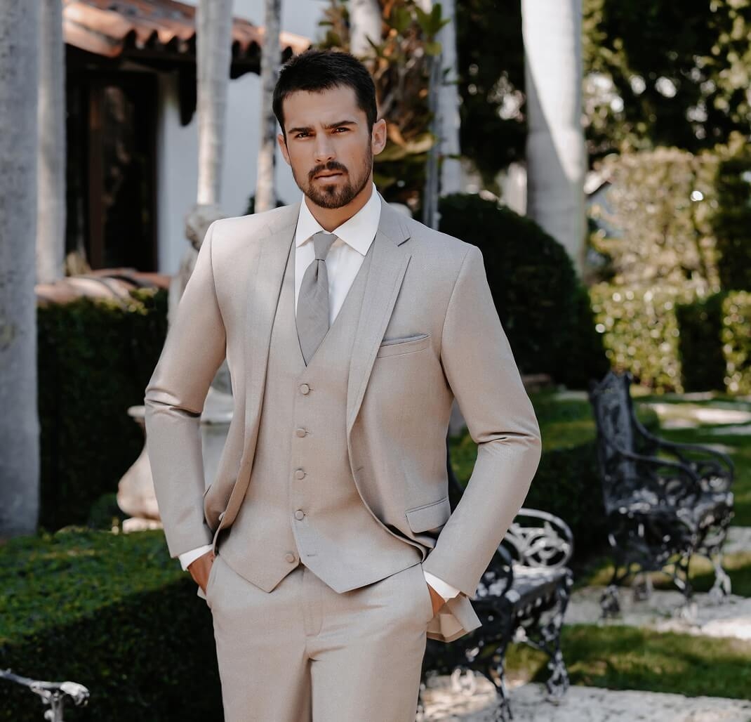 Model wearing a light suit